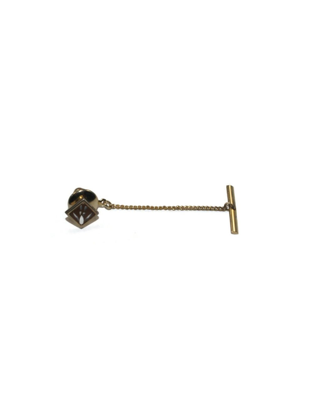 Vintage Gold Tone & Red Enamel Diamond Shape Floral Design Tie Tack with Chain.